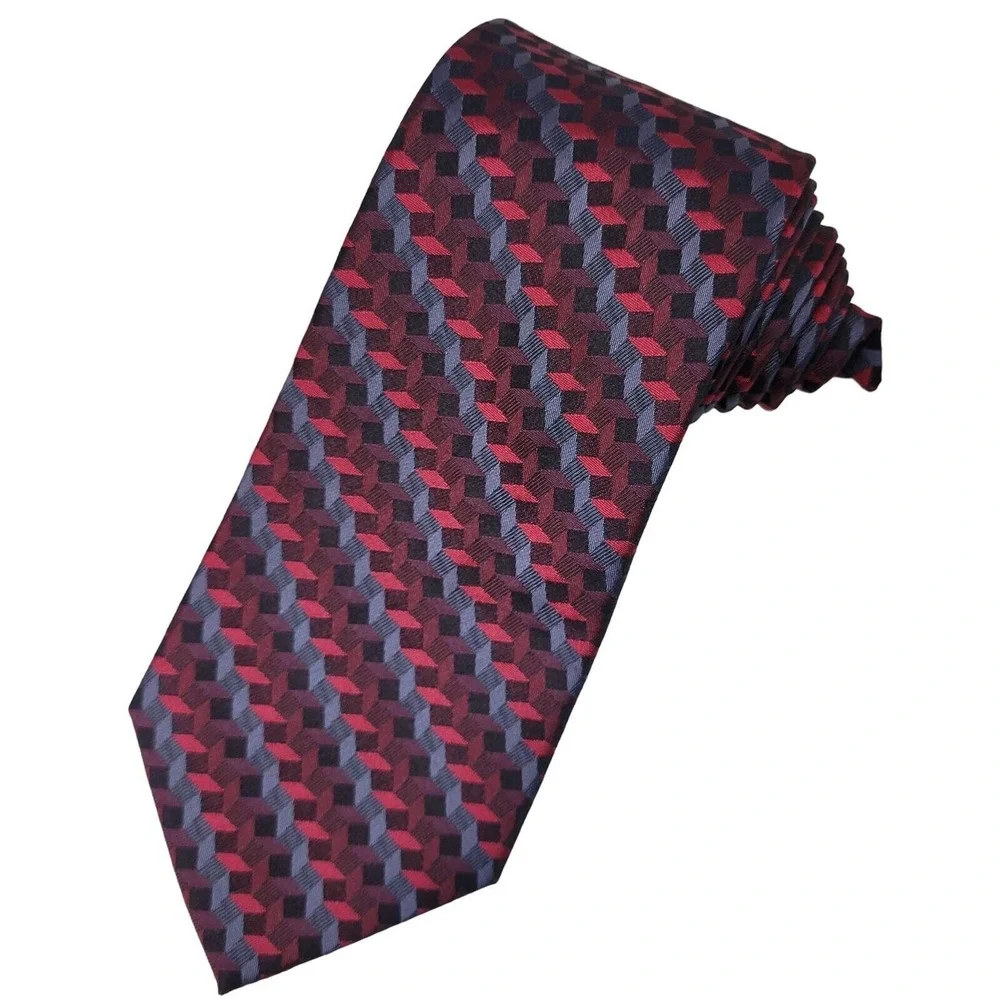 Van Heusen Silk Foulard Necktie Men's 3-D Print Burgundy Red Gray Diamond Tie